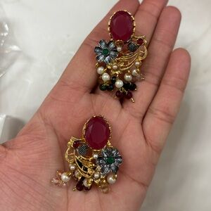 Elegant Gold and Red Floral Earrings